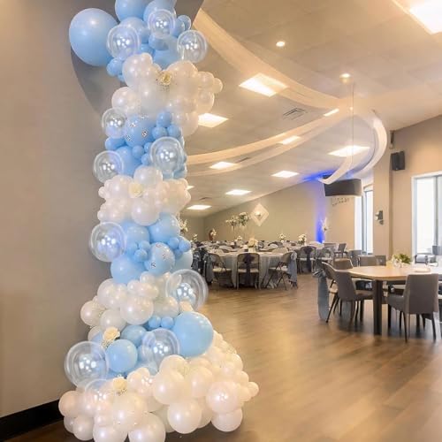 Image of Pastel Blue White Balloons Garland Arch Kit, 104PCS Double Stuffed Pearl White Balloons, Light Baby Blue Clear Balloon for Bridal Shower Baby Birthday Bachelorette Wedding Engagement Party Decorations
