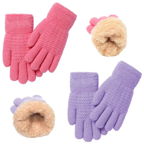 Image of Winter Gloves for Boys Girls - Kids Warm Knit Thermal Cable Knitted Gloves Wool Fleece Lined Mittens for Cold Weather