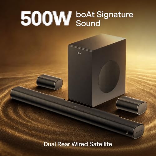 Image of boAt Aavante Bar Prime B500 w /Subwoofer & Dual Rear Satellites,500W Output,5.1 Channel,Multi-Connectivity,EQ Modes,BT v5.4,Master Remote Control,Sleek & Premium Finish Bluetooth Soundbar (Black Regal)