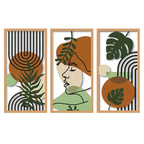 Yixuan 3 Pièces Sculpture Murale Bois Léger, Tableau Decoration Murale, Décor Boho Chic avec Motifs Feuille et Formes Géométriques, Art Mural Abstrait Moderne pour...