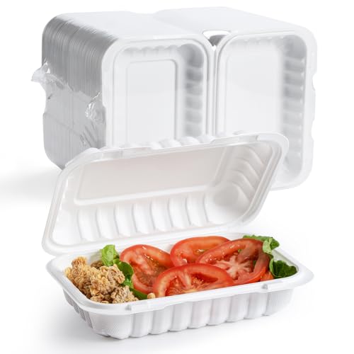 YANGRUI Food Containers 9x6 Inch 28 oz 50 Pack - Shrink Wrap Mineral-Filled BPA Free PP Plastic | Reusable Heavy Duty Freezer & Microwave Safe | Restaurant Grade White Clamshell Takeout Container