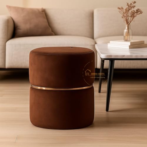 Image of JUMBO CRAFTS Wooden Puffy Stool for Living Room Round Footstool - Ottoman Stool for Living Room Furniture Round Ottoman - Sitting Pouffe Ottoman Stool /Room Dcor /Office Stool - (Set of 2 Brown)
