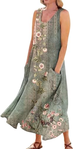 Image of Apvirdy Linen Dress for Women Summer Sleeveless Solid Casual Baggy Flowy Maxi Dresses with Pockets
