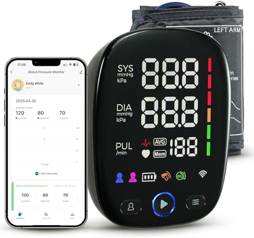 Automatic Upper Arm Blood Pressure Monitor for Home Use – One-Touch, LED Backlit Display, Bluetooth Sync, 8.7
