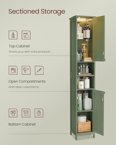 Image of VASAGLE Tall Bathroom Cabinet with Lights, Slim Freestanding Bathroom Storage Cabinet with Adjustable Shelves, for Small Spaces, Modern, 15.7 Inches Wide, Forest Green UBBC766C01
