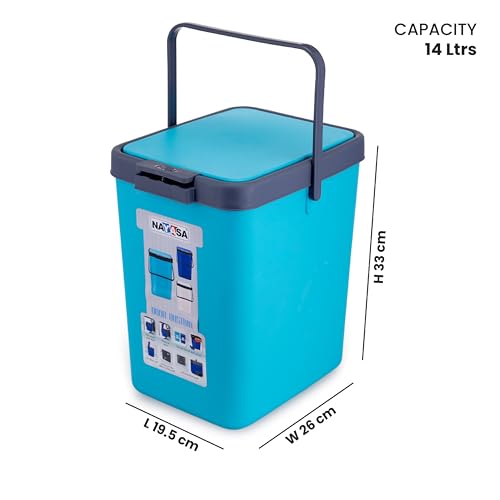 Image of Nayasa Door Dustbin Small- 14 Ltr Plastic Press Top Waste Bin /Trash Can | Garbage Dustbin For Home, Kitchen, Bathroom, Office | Multipurpose Waste Bin | Turquoise Blue