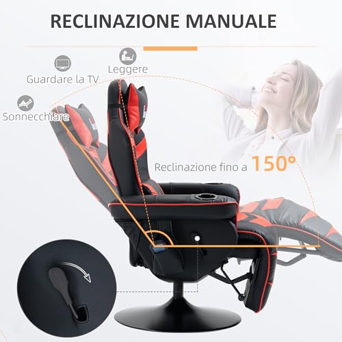 Sedia da Gaming Massaggiante e Reclinabile con Poggiapiedi, Portabicchieri e Cuscino, Sedia Ergonomica in Finta Pelle, Acciaio, 79.5x82.5x111.5 cm, Nero e Rosso - Sedia gaming - Immagine 4
