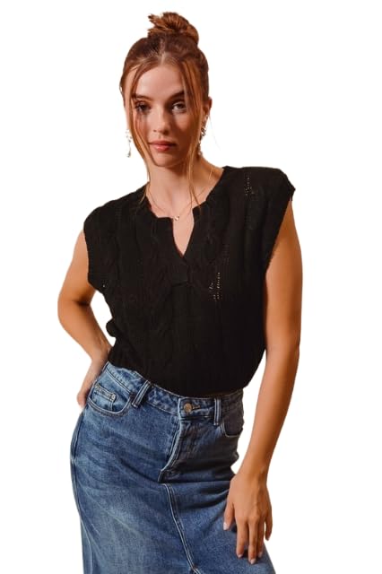 Notched Neck Cable Knit Sweater Vest