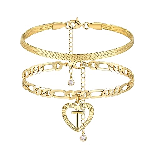 Image of YANODA Gold Ankle Bracelets for Women Waterproof, 14k Gold Plated Layered Snake Anklets Figaro Chain Letter Initial Anklets Handmade Heart Ankle Bracelets Personalized for Women Beach Jewelry Gifts