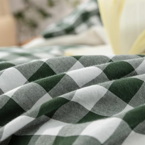 Image of BESTOUCH Gingham Cotton Duvet Cover Set Green Super King | Washed Cotton, Linen Feel, Soft Wrinkle Texture, Hidden Zipper, 8 Ties, Breathable Lightweight Durable Comfy, 3 Pcs No Insert