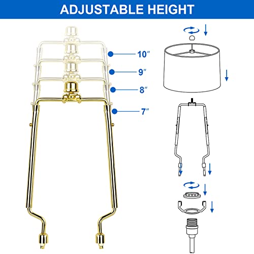 Image of WEAVERBIRD Lamp Shade Harp Bracket 7 8 9 10 inch Adjustable Lamp Harp Kit with 3 /8 Standard Saddle,E14 E26 E27 Light Base UNO Fitter Adapter Converter Finial Set and Crystal Lamp Finial Knob,Gold