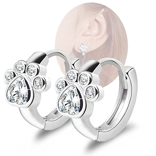 Cubic Zirconia Small Hoop Earrings - CZ Cat Dog Paw Print Hoop Huggies Earrings Sterling Silver Hypoallergenic Cute Cartilage Earrings for Women Girls Teens