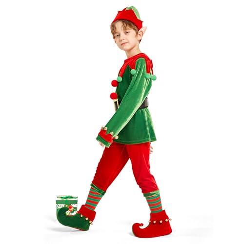 Kids Boys Christmas Performance Outfits Long Sleeve Top Pants Hat Socks Shoes Earrings Toddler Boys Festival 6pcs Set2