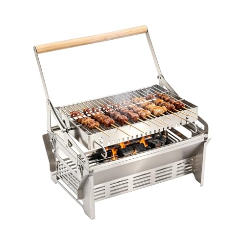 Portable 360 Rotating Charcoal Grill Stainless Steel Flipping Barbecue Grills BBQ Fire Pit for Outside Backyard Patio Deck & Travel for Easy Clean (16.93 x 11.02 x 15.35in)