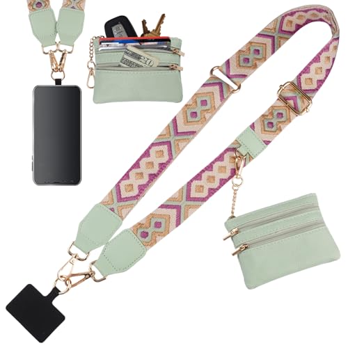Orixo Correa para Teléfono con Bolsa con Cremallera, Correa para Móvil Universal, Correa Cruzada para Teléfono, Ajustable Cuerda para Movil, para la Vida Cotidiana, Los Viajes y Las Compras (Verde)