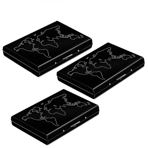 Storite 3 Pack 6 Slots RFID Credit Card Holder Metal Wallet for Men & Women (Laser Print World Map Black-6.5 x 1.3 x 9.5 cm)