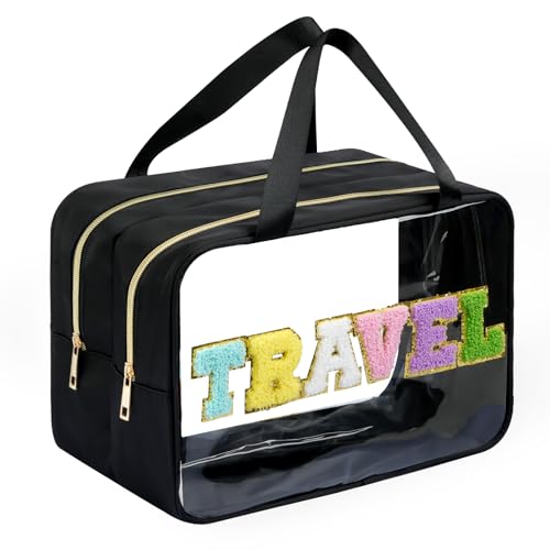 Yowivon Extra Large Travel Pouches for Toiletries, Waterproof Preppy Makeup Spf Sunscreen Skin Care Snack Bag, Clear Tote Bag for Beach, Camping, Business Trips, Swimming, Stadium Event, Black, XL