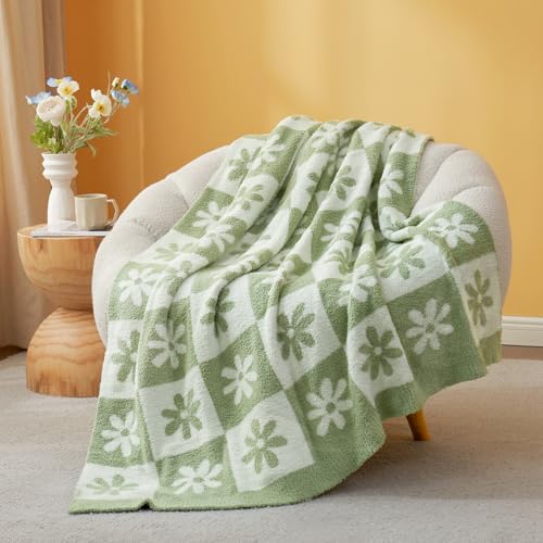 Image of Snuggle Sac Checkered Blanket, Sage Green Flower Throw Blanket for Couch Plaid Microfiber Fluffy Warm Cozy Fuzzy Soft Throw Blanket Reversible Checkerered Blankets for Sofa, Chair, Bed, 50x60 inches