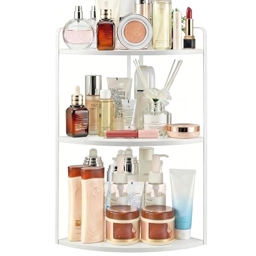 Image of 3 Tier Corner Bathroom Counter Organizer, Countertop Organizer, Makeup Organizer Countertop, Bathroom Storage Sink Shelf, Wooden and Metal Counter Shelf (Large Capacity-White)
