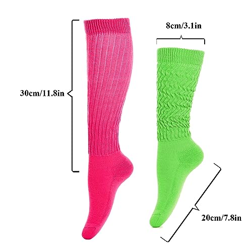 2 Pairs Women Slouch Socks 80s Neon Extra Long Scrunch Socks Slouch Thick Knee High Socks Knit Boot Socks Size 9 to 112