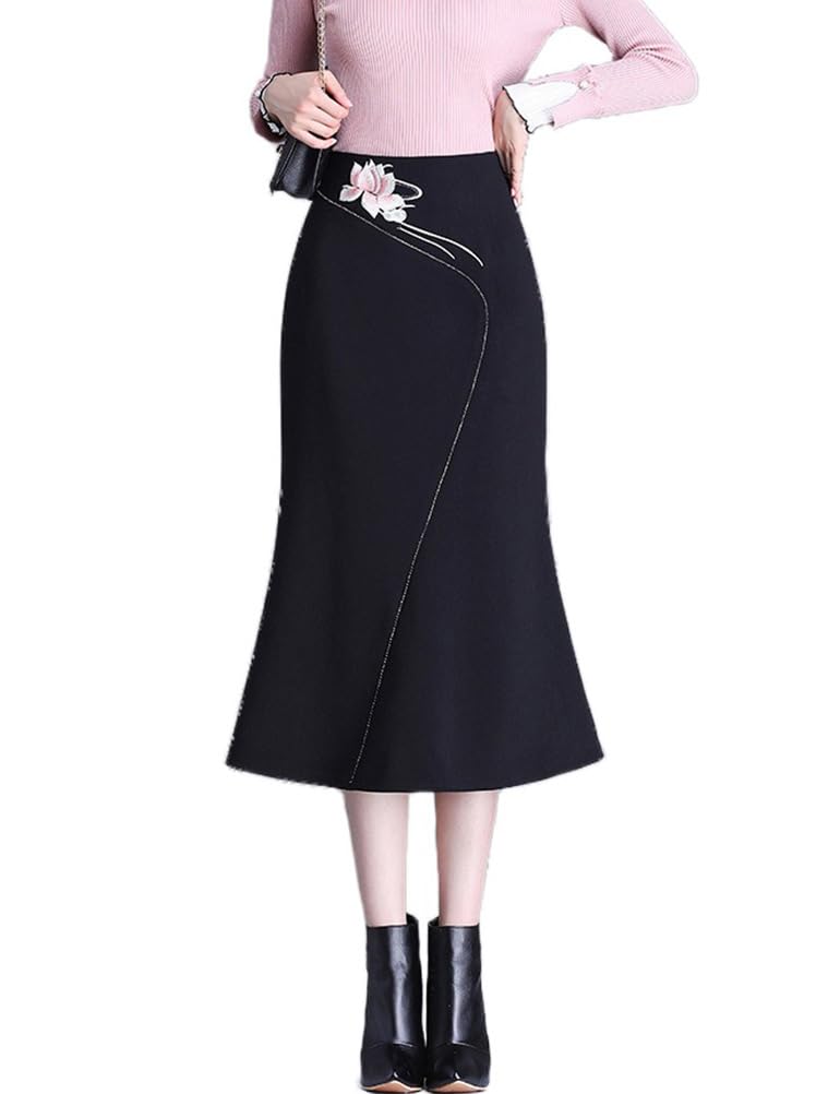 Womens Bodycon Fishtail Patchwork Skirt Fall Winter Trendy High Waisted Vintage Midi Skirts