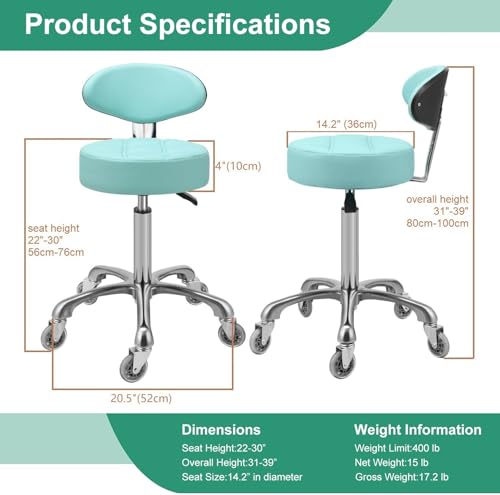 Image of Kaleurrier Rolling Stool with Back Support: Adjustable Height 22-30 inches for Nail Lash Tech Stylist - Heavy Duty Stool Chair with Wheels for Salon Shop Office Kitchen Garage Workshop