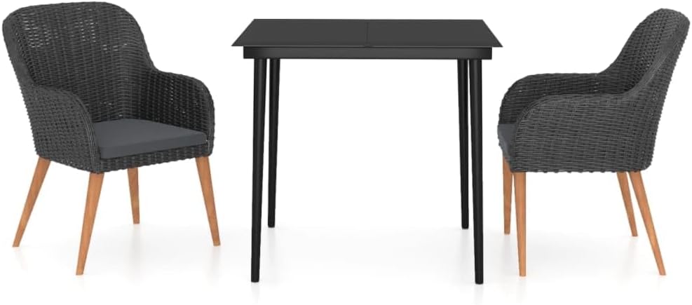 vidaXL Patio Dining Set Made of Poly Rattan & Powder-Coated Steel Frame; Comprises Table with Glass Top & 4 Chairs; Thick Cushions - Brown & Black