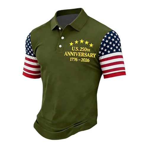 Men's United States 250Th Anniversary T Shirts, Printed Casual T-Shirt 250 Years of Freedom Shirt American Flag Patriotic Polo Shirts USA (XL, Army Green)