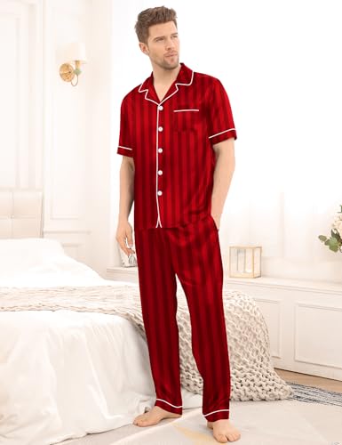 Image of SWOMOG Mens Satin Pajama Set Short Sleeve Classic Sleepwear Button Down Silky Loungewear with Long Pants
