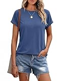 Leversic Camiseta Mujer Lisa Manga Corta – Top Casual Cuello Redondo Corte Holgado Básico de Verano Transpirable S-XXL(Azul,M)