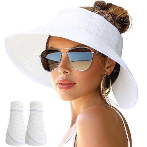 Image of NPJY Sun Hats for Women Wide Brim Roll-Up Beach Ponytail Hat Packable Foldable Travel Straw Visor
