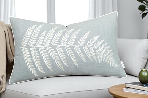 Rudransha Botanical Fern Leaf Embroidery Lumbar Pillow Cover - 12x18 Robin’s Egg Cotton
