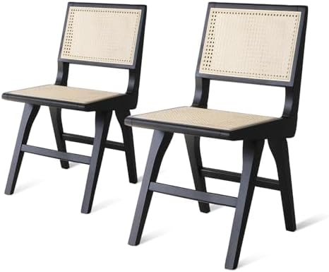 Set Of 4 Modern Dining Chairs - Woven Rattan Back, Curved Wood Design, PU Leather Seat, Breathable Mesh