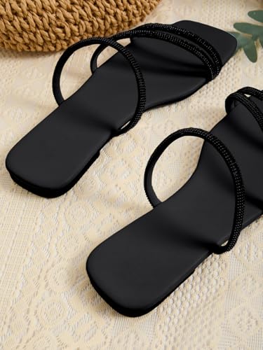 Image of GORGLITTER Women's Rhinestone Wedding Flat Sandals Sparkly Strappy Glitter Dressy Slip on Bling Bridal Prom Cute Slide Shoes