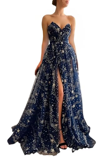 UZN Women's Sparkle Starry Tulle Prom Dresses Strapless Long Formal Evening Party Gowns with Slit