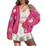 Cárdigan con Estampado Floral Bonito para Mujer Cárdigan De Otoño para Mujer Botón De Patrón Bordado Floral En 3D De Punto, Red, XL