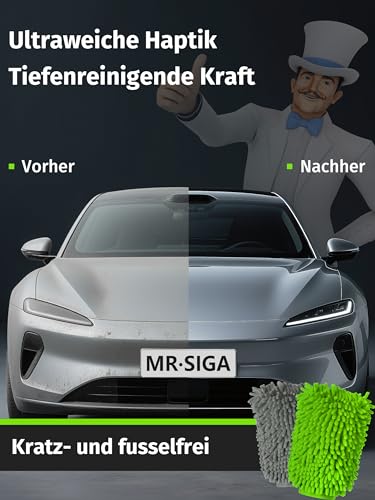 MR.SIGA Hochwertig Mikrofaser Waschhandschuh Weiche Chenille Autowaschhandschuh, 2 Stück, Grau & Grün, 2er Pack