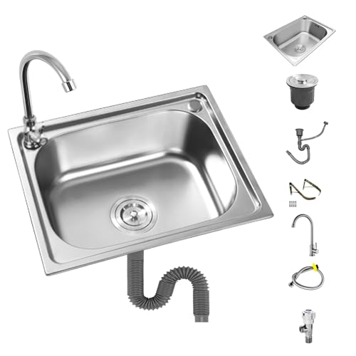 MZQMK Bac Simple Évier INOX avec Robinet,Mural Éviers De Cuisine D'évier De Restaurant Commercial Évier Cuisine avec Support,pour Restaurants, Salle De Bain,Facile À Nettoyer(B,45x39cm/18x15.3in)