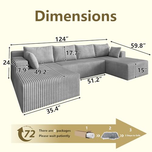 Image of 124 inch Modular Sectional Sleeper Sofa, Boneless Cloud Couch for Living Room, U Shaped 3 Seat Sofa with Deep Seat, Free Combination, Couch in a Box, No Assembly Required (Light Grey)