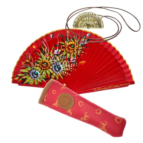 Abanico Plegable de Madera con Flores Pintadadas a Man con Funda y Cuelga Abanicos. Funda de Lona con Crermallera y Cuelga Abanico Metálico (Fuego Floral)