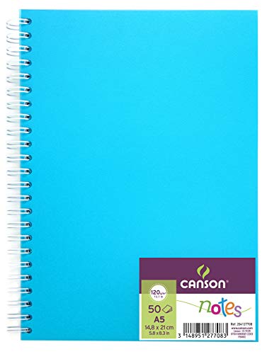 Canson Carnet de 50 feuilles notes et dessin format A5 120g spiralé couverture polypro Bleu