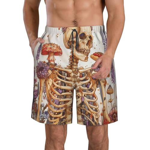 Men's Quick Dry Swim Shorts Skeleton Mushrooms Flowers Plants Natural Beach Trunks with Pockets