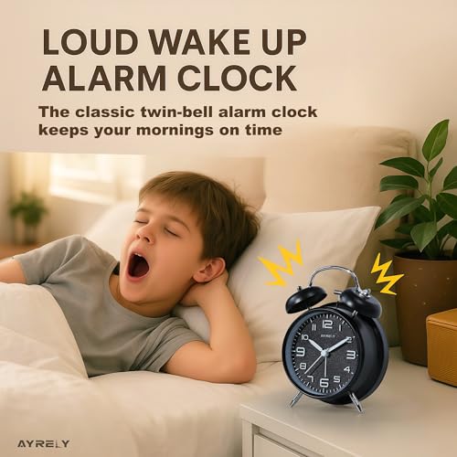 Image of AYRELY Super Loud Alarm Clock for Heavy Sleepers Adults,Twin Bell Retro 4 Inch Silent Non-Ticking Quartz with Backlight, Metal dial, Alarm Clocks for Bedrooms Bedside(3D Dial - Black)