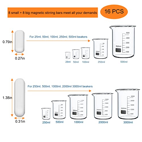 16 Pcs Ptfe Magnetic Stirring Bar Set - Laboratory Stirrer Mixer Bar - Stir Plate Magnet Bar Rod Stick - Spinning Spin Mixing Bar For Lab (8 Big + 8 Small) #TOP1