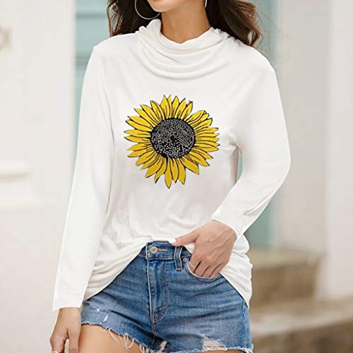 Dosoop Women's Casual Turtleneck Long Sleeve Pullover Sunflower Graphic Print Dustproof Face Guard Tops Blouse T-Shirt