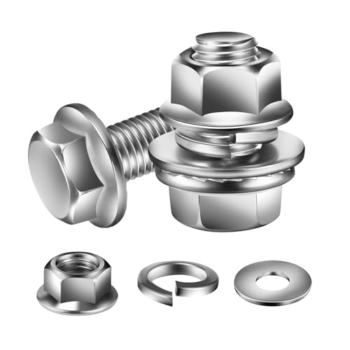 M8 x 12mm Flanged Hex Head Bolts, Nuts, Flat &amp; Lock Washers, 20Pcs 18-8 (304) Stainless Steel, Fully Threaded, by SG TZH