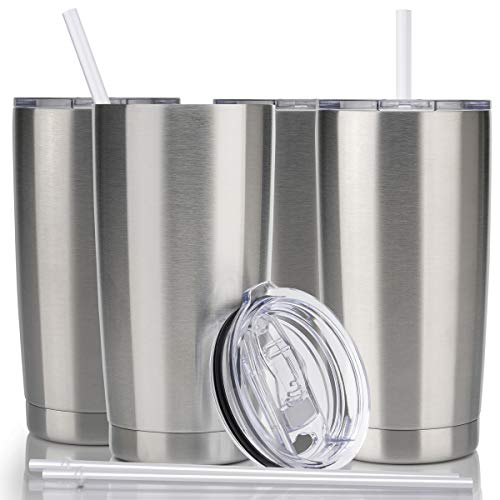 CIVAGO 20oz Tumbler with Lid and Straw, Stainless Steel Vacuum Insulated Coffee Tumbler Cup, Double Wall Powder Coated Travel Mug (Stainless, 4 Pack)