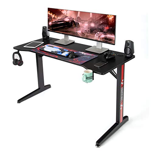 Outfine Gaming Desk Home Office Computer Desk Gamer Workstation With Carbon Fiber Surface, Cup Holder, Headphone Hook And T-Shaped Legs (Black, 55") #TOP6