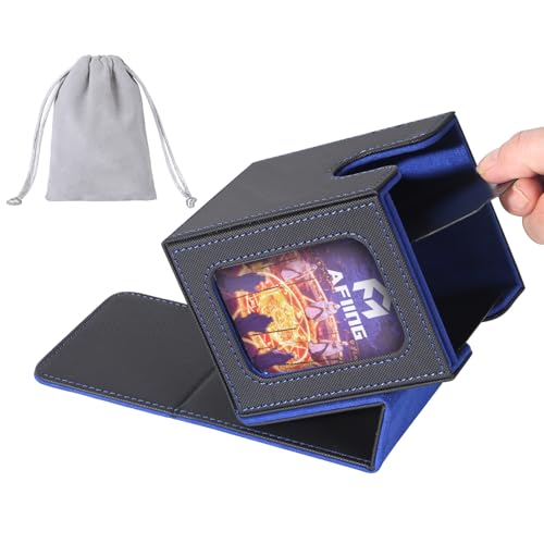 Image of AFIING MTG Deck Box for Commander Display,Card Deck Box Fits 100 Double Sleeved Cards, Magic Commander TCG Storage Box with 2 Dividers,Drawstring Bag and 1 Toploader(Black /Blue)
