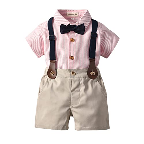 Volunboy Baby Boy Formal Short Set Toddler Summer Gentleman Outfit Kid Short Sleeve Bowtie Shirt Suspender Shorts Suit (Pink+Light Khaki, 3-4T)